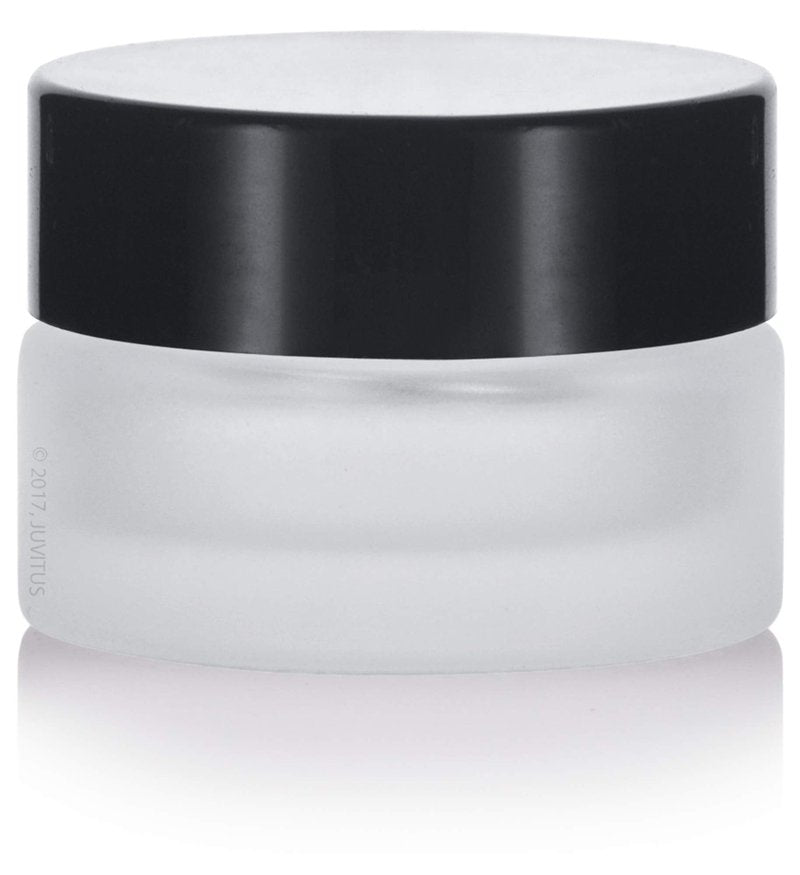 (24 pack) 5 ml 1/6 oz Frosted Clear Glass Small Thick Wall Jars with Black Smooth Foam Lined Lids