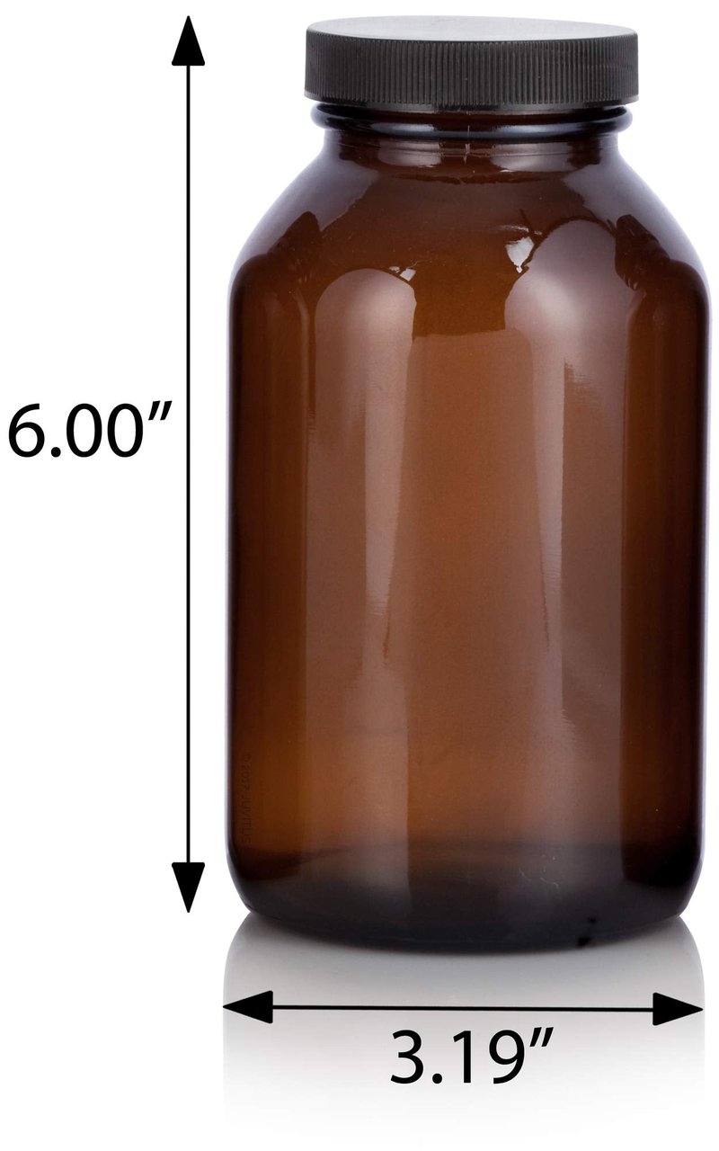 JUVITUS Amber 17 oz Wide Mouth Glass Packer Bottle with Black Lid (4 pack)