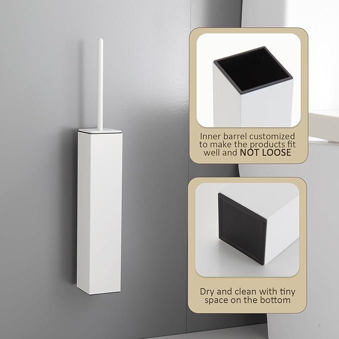 Toilet Brush and Holder Wall Mounted, White Aluminum with 2 Replaceable Heads, Bathroom Toilet Brush, Drill or 3M Adhesive Mount for Bathroom