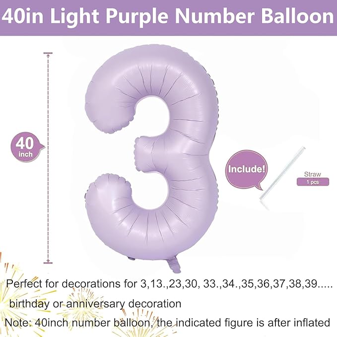 40 Inch Purple Number Balloons Light Purple 3 Balloon Matte purple Birthday Balloons 0-9 Birthday Wedding Party digital Decorations (Number 3)