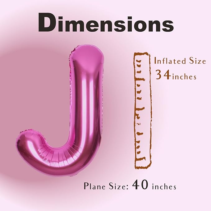 SUWEN 40 Inch Hot Pink Large J Letter Balloons Big Foil Helium Letter Balloons A-Z Jumbo Mylar Happy Birthday Party Decorations for Woman Anniversary Party Supplies