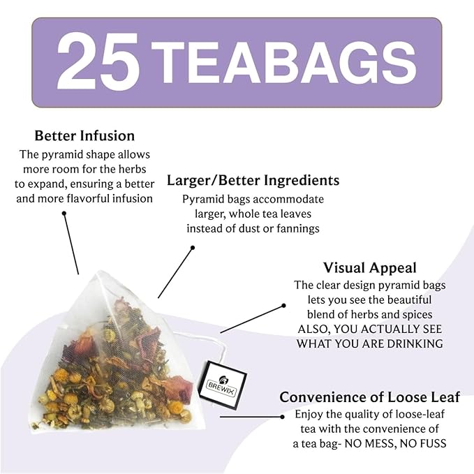 BREWIX, Valerian Comfort Tea for Sleep and Relaxation (25 Pyramid Bags) Caffeine-Free and Calming for Bedtime | Valerian Root, Chamomile & Lavender | Perfect Wellness Sleep