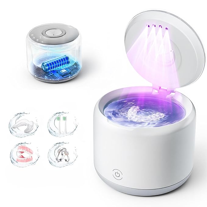 Rechargeable Ultrasonic Retainer Cleaner Machine, 46kHz Portable Dental Cleaning Pod for Night Mouth Guards, Braces, Jewelry, Aligner- 2500mAh Battery for Travel & Home