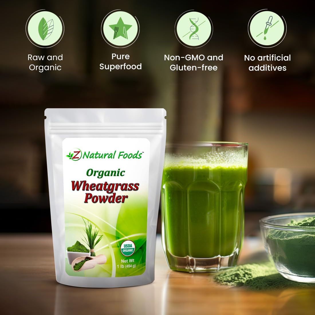 Z Natural Foods Organic Wheatgrass Powder, Green Superfood Powder for Smoothies, Juices, Shakes, and Recipes, Nutrient-Rich Powder, 100% Pure, Raw, Non-GMO, Vegan, Gluten-Free, 87 Servings, 1 lb