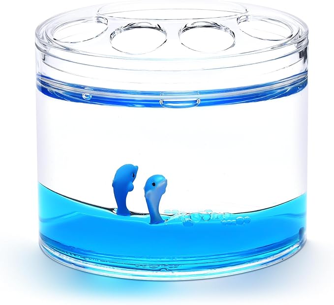 Locco Decor 4 Piece Acrylic Liquid 3D Floating Motion Bathroom Vanity Accessory Set Ocean Cartoon Animal Theme Dolphin Toothbrush Holder, Tumbler, Soap Dispenser, Soap Dis