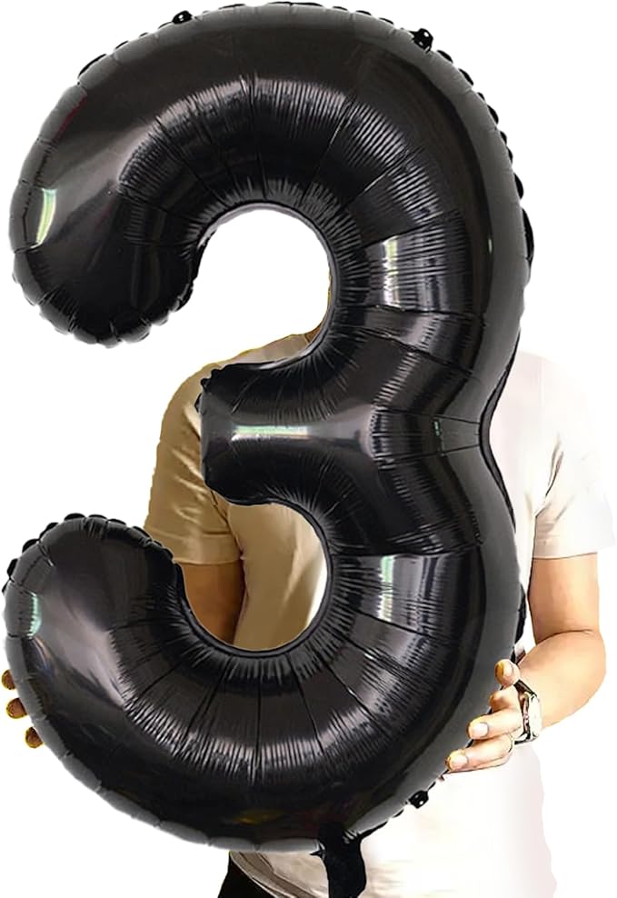 Number Balloons Black Party Balloon - Giant Number 3 Balloon, 40 Inch Large Balloon for Birthday Decorations, Black Party Supplies for Men Women