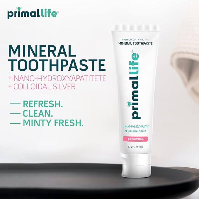Primal Life Organics Premium Dirty Mouth Mineral Toothpaste - Nano-Hydroxyapatite, Colloidal Silver, Charcoal - Organic, All Natural Whitening Formula (Bubblegum Flavor, 4oz)