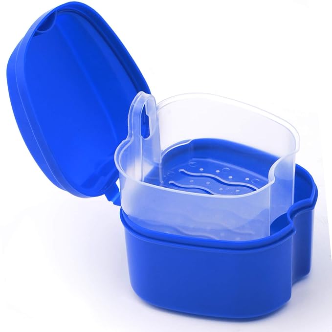 Denture Case, Denture Cup with Strainer, Coolrunner Denture Bath Box False Teeth Storage Box with Basket Net Container Holder for Travel, Retainer Cleaning (Blue) (Dark Blue)