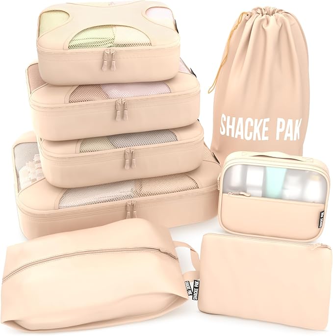 Shacke Packing Cubes for Travel 8 Set - Premium Luggage Organizer Bags - Versatile Travel Organizer for Women and Men - Optimized Packing Bags - Travel Essentials (Cream)
