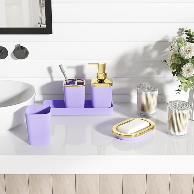 Bathroom Accessories Set - 25PC Bathroom Set with Shower Curtain and Rugs, Purple Bathroom Set, Bathroom Accessory Set with Press-on Lid Trash Can, Soap Dispenser and Qtip Holders