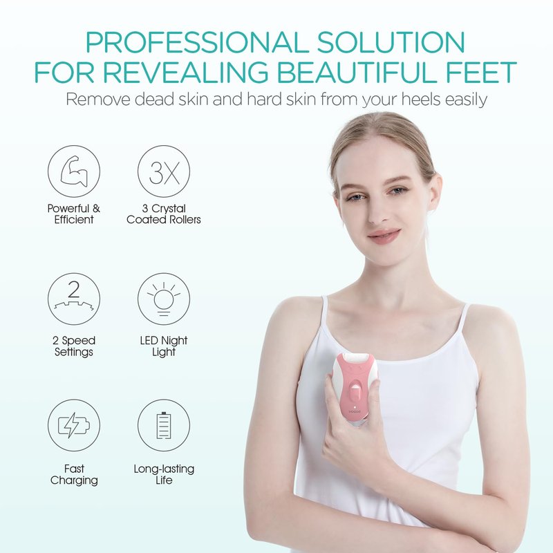 VOGOE Electric Callus Remover for Feet, Rechargeable Foot File Pedicure Tools with 3 Rollers & 2 Speeds, Professional Feet Scrubber Remover Foot Care for Calluses, Cracked Dry Dead Skin CR310 Pink