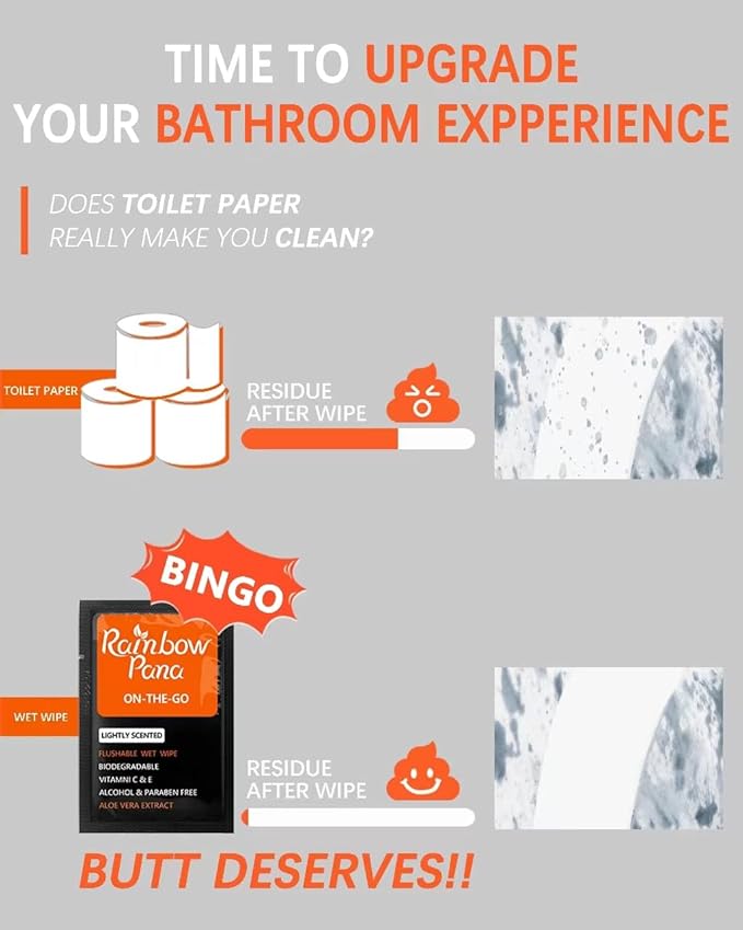 RainbowPana 240 Count Flushable Wipes for Men: ON-THE-GO, Individually Wrapped | Butt Wipes, Travel Wipes | Lightly Scented - Vitamin C, E, Aloe, Plant Extract | Hypoallergenic, Sensitive Skin