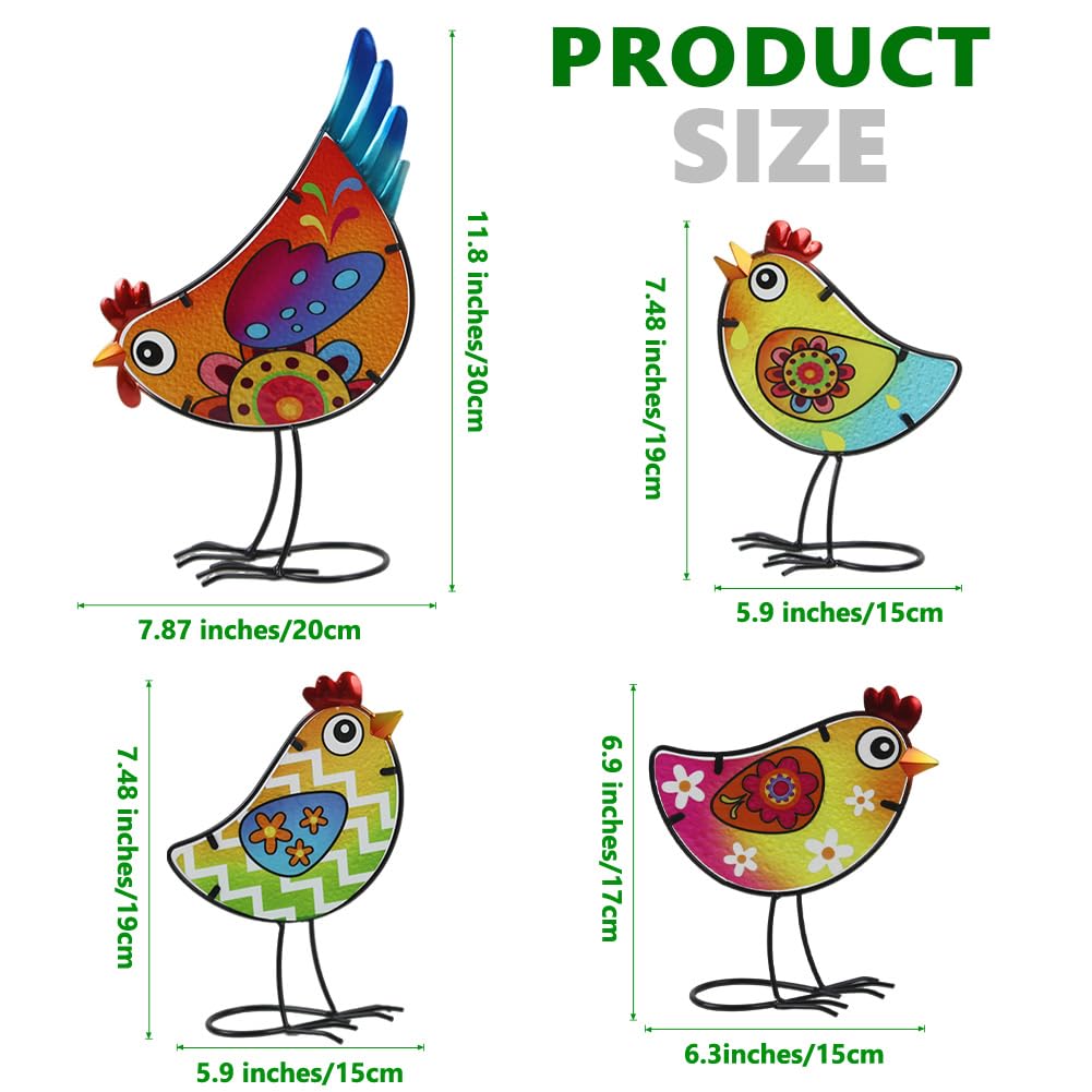 dreamskip 4 Pack Chicken Garden Decor for Outside, Rooster Glass & Metal Yard Art Decoration for Porch Patio, Bird Garden Statues Gifts for Grandma Mom Women (Colorful)