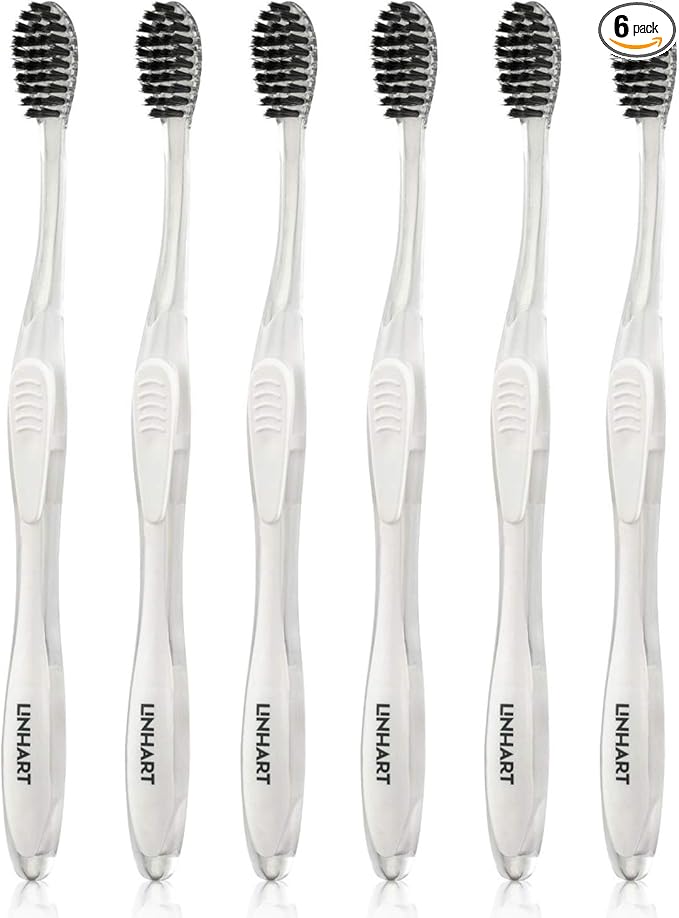 LINHART Extra Soft Toothbrush – Teeth Whitening Toothbrush with Multi Length Bristles, White with Black Bristles, 6 Pack