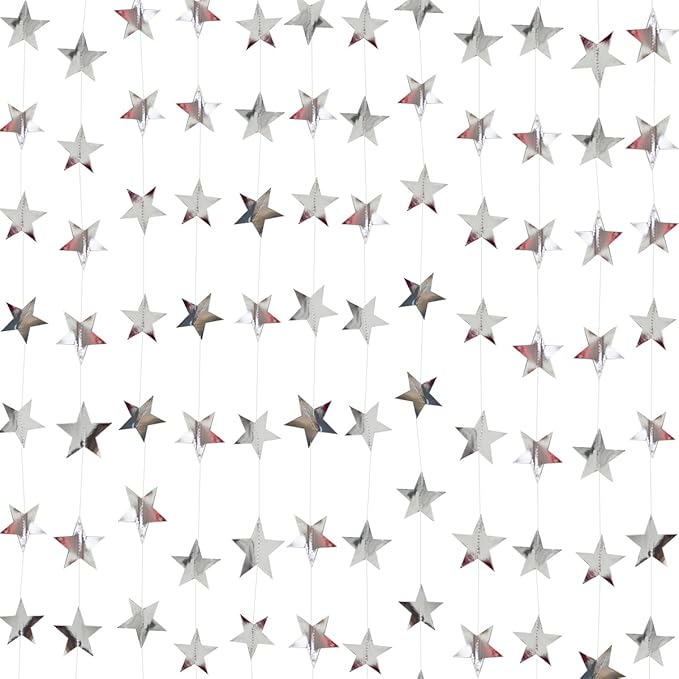 Silver Star Garland Banner Decorations - 156 Feet Bright Silver Paper Garland Hanging Decorations, Glitter Star Bunting Banner for Wedding, Birthday, Holiday, Christmas Party