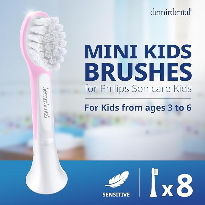 demirdental Kids mini Toothbrush Heads Compatible with Philips Sonicare Kids Toothbrush Heads - Replacement Heads mini Sensitive - Brush Heads mini from Ages 3 to 6 - Pink - Replaces HX6038-8 Pack