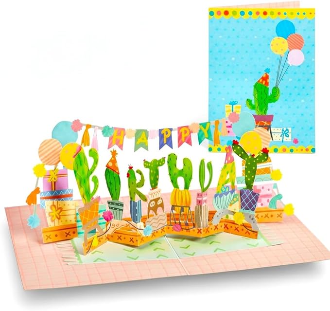 Paper Love 3D Birthday Pop Up Card, Happy Birthday Cactus, For Adults or Kids - 5"x7" Cover - Includes Envelope and Note Tag