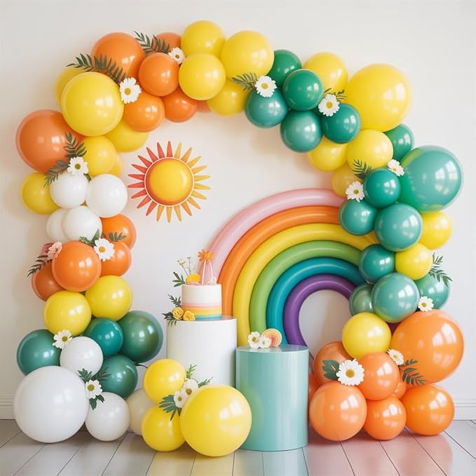 FunHot Blue Yellow and Orange Balloon Arch Garland Kit with Dusty Blue Teal Sand White Latex Balloons For Boho Sun Boy Birthday Son Baby Shower Decorations