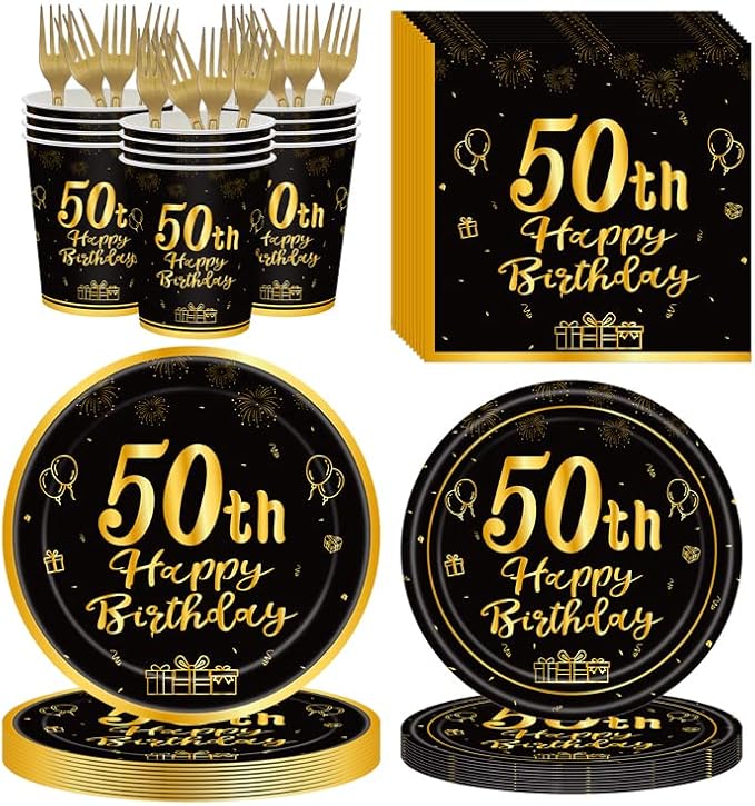 120Pcs 50th Birthday Party Supplies Plates Napkins Cups Forks Tableware Set Gold Black Happy 50th Birthday Themed Disposable Tableware Decoration Serves 24 Guests for Women and Men