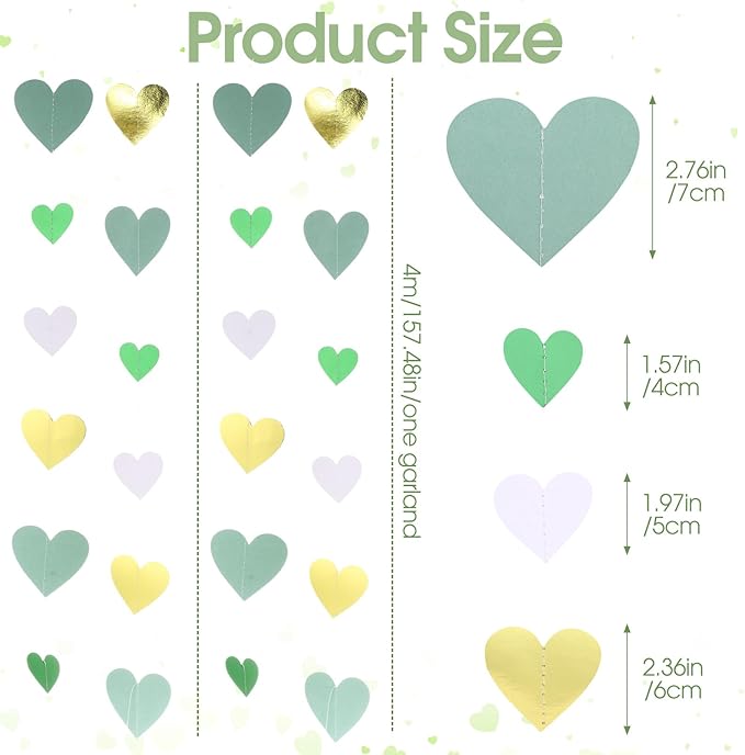 10 Pack 130ft Sage-Green Mint Beige-Gold Heart Party Garland Asymmetrical Love Hanging Banners for Wedding Birthday Bachelorette Bridal Shower Engagement Decoration