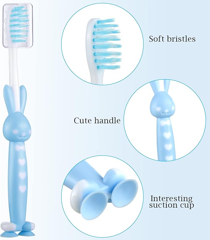 Patelai 24 Pcs Toddler Toothbrush for Age 2 up, Kids Toothbrush Set with Covers, Soft Children Manual Brushes Bulk with Suction Cup for Upright Storage, Rabbits and Bears Brushes for Travel