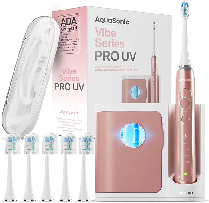 Aquasonic Vibe Series PRO – Ultra-Whitening Electric Toothbrush – 5 Modes & Smart Timers – UV Sanitizing Base – ADA Accepted (Satin Rose Gold)