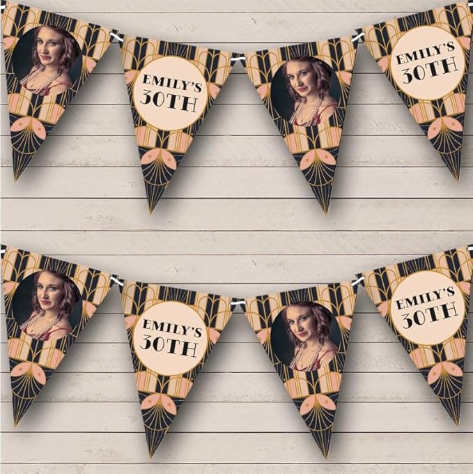 Pink Black Gatsby 20's Art Deco Vintage Photo Personalized Birthday Party Bunting - Hanging Party Decoration - Birthday Party Banner Garland | Decorative Party Supplies