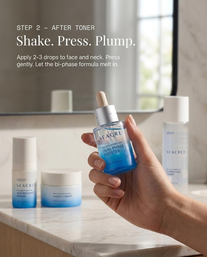 SEACRET Dual-Phase Hydration and Glow Booster, Shake-to-Activate Dead Sea Face Oil and Water Serum with FERMENT 21, Niacinamide, Jojoba and Argan for Dry Dehydrated Skin, 1 Fl Oz / 30 ml
