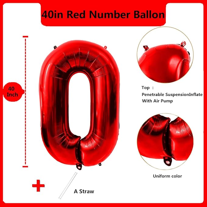 40 Inch Red Number 0 Balloon Large Red Foil Balloon Red 0 Balloons Mylar Helium Balloon for Birthday Party Decorations Girls Boys Baby Shower Wedding Anniversary Decoration