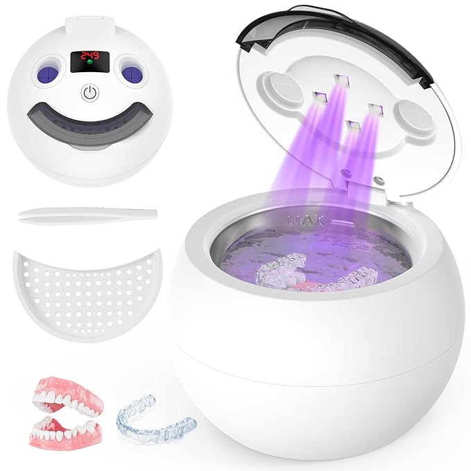 Dental Ultrasonic Retainer Cleaner - 48kHz Dental Cleaning Pod for Denture, Braces, Mouth Guard, Toothbrush Heads, Jewelry, 4 Modes Retainer Cleaner Machine with Digital Timer & 200ML,White