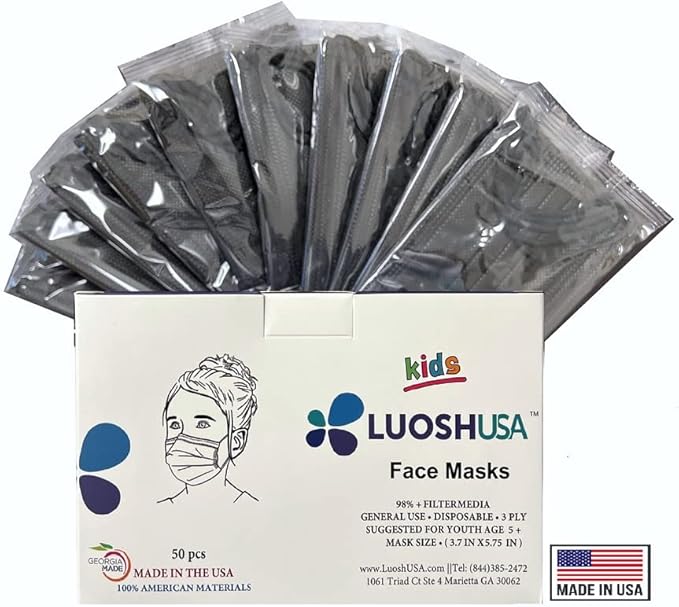 Luosh Face Masks Disposable Made in USA, 3 Ply Disposable Masks 50pcs,Adult Mask, Kids Mask, Black Masks, White Masks