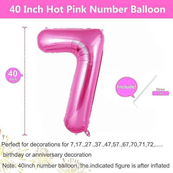 Pink Number Balloons, Large Hot pink Number 7 Balloon 40 Inch Pink 7 Balloon for Men Women Boys Girls 7th Birthday Party Decoration