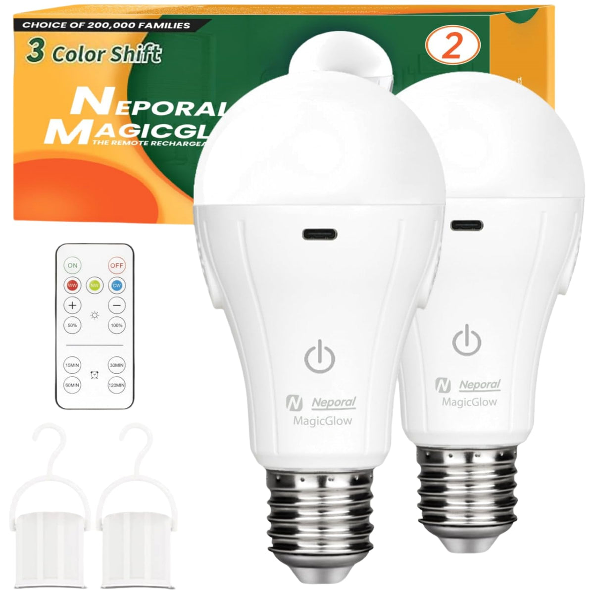 Neporal MagicGlow Rechargeable Light Bulbs with Remote, 3 Colors Shift + Dimmable Battery Powered Light Bulbs, USB Rechargeable, A19 Standard Emergency LED Light Bulbs, 15W, Up to 24 Hours, 2 Pack