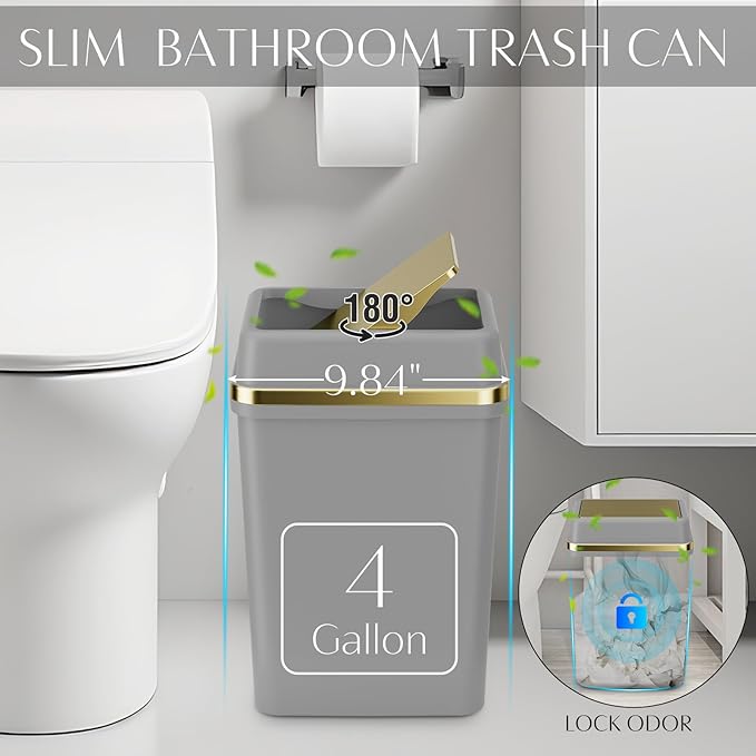 9PCS Bathroom Accessory Set, Grey Bathroom Set with Large-Capacity 4 Gallon Trash Can, Bathroom Accessories Set Complete, Toothbrush Holder, Soap Dispenser, Toilet Brush, Bathroom Decor