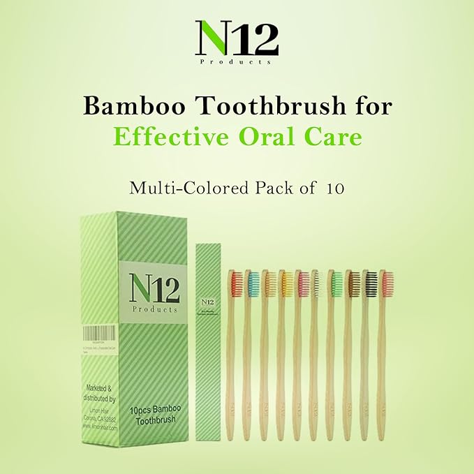 N12 Biodegradable Pack of 10 Bamboo Toothbrushes - Multicolored Charcoal BPA-Free Soft Bristol, Eco-Friendly, Sustainable Reusable Travel Tooth Brush