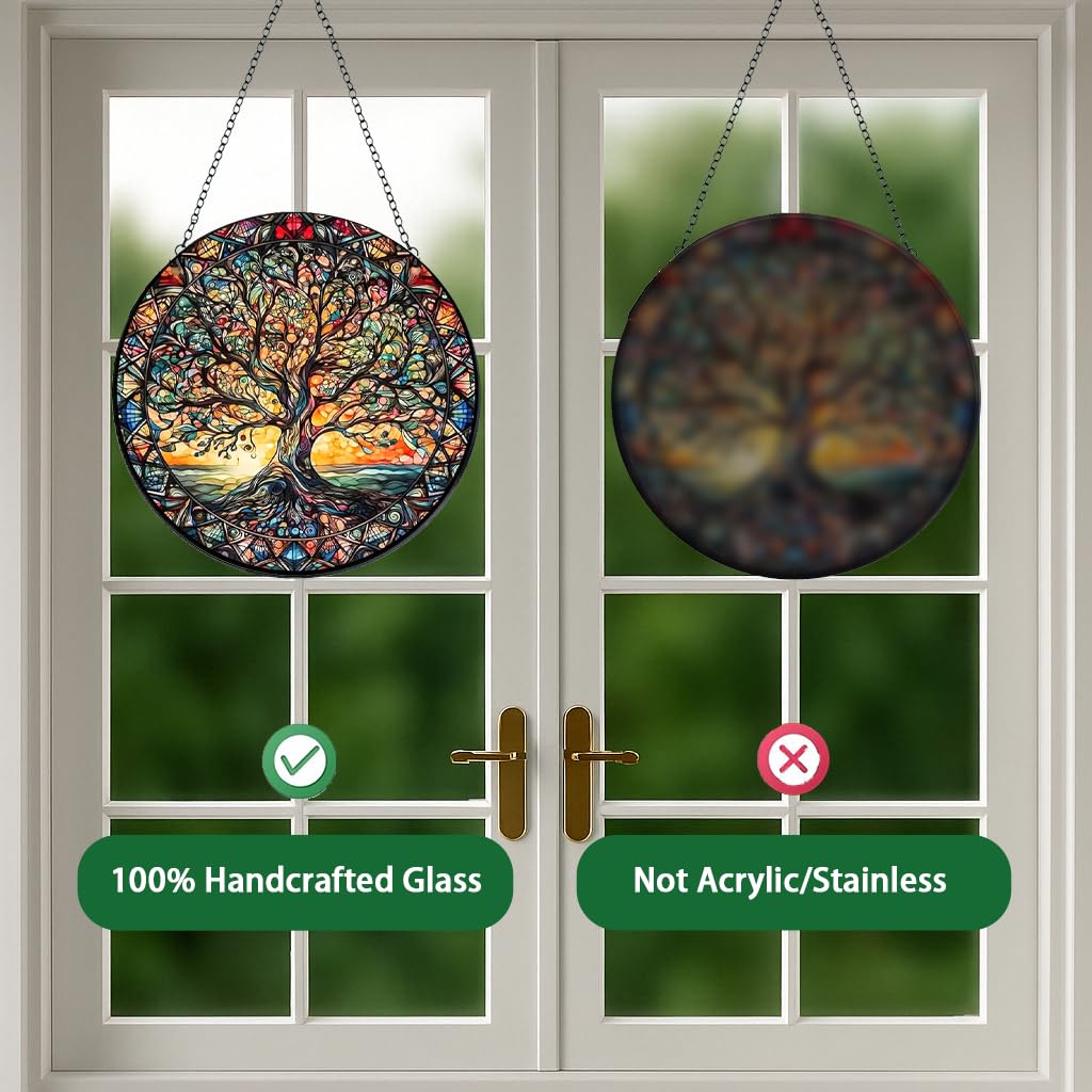 Tree of Life Suncatcher Indoor/Outdoor Stained Glass Window Hanging - Handmade Stained Glass Suncatchers for Windows Hanging - Decoration for Home Garden Christmas Party Wedding Housewarming Gifts