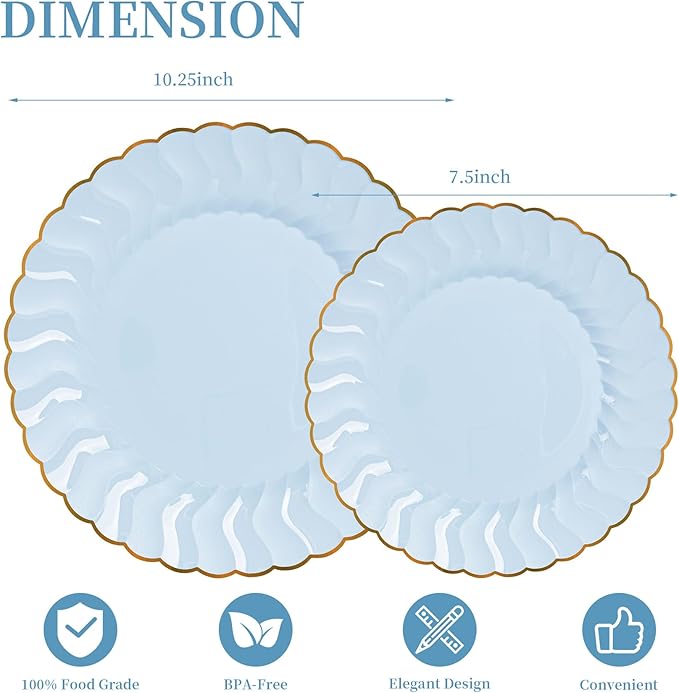 Lullaby 60PCS Light Blue Scalloped Plastic Plates with Gold Rim, Includes 30PCS Dinner Plate 10'' and 30PCS Dessert Plate 7.5'', Baby Blue Plastic Plates for Party, Wedding and Daily Use