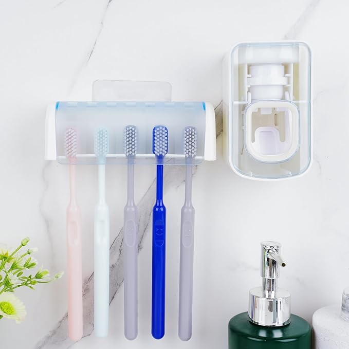 5 Slots Wall Mount Toothbrush Holder with Cover, Self Adhesive Toothbrush Storage Organizer for Shower, Toothbrush Hanger with Automatic Toothpaste Squeezer Dispenser(White + Blue)