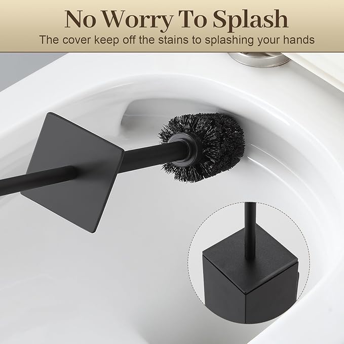 Toilet Brush and Holder Wall Mounted, Black Aluminum with 2 Replaceable Heads, Bathroom Toilet Brush, Drill or 3M Adhesive Mount, Removable Liner and Splash Guard, Modern Square Design