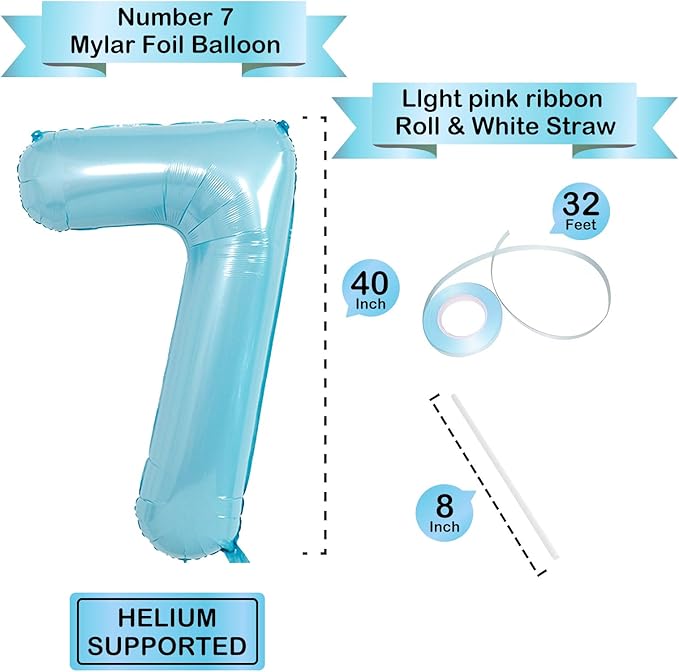 40 Inch light blue Number Balloons, Helium Mylar Foil Number Balloons for Birthdays, Number 7 Balloon for Party Decorations, Birthday Decorations, Wedding Decorations, Boy Baby Shower Decorations