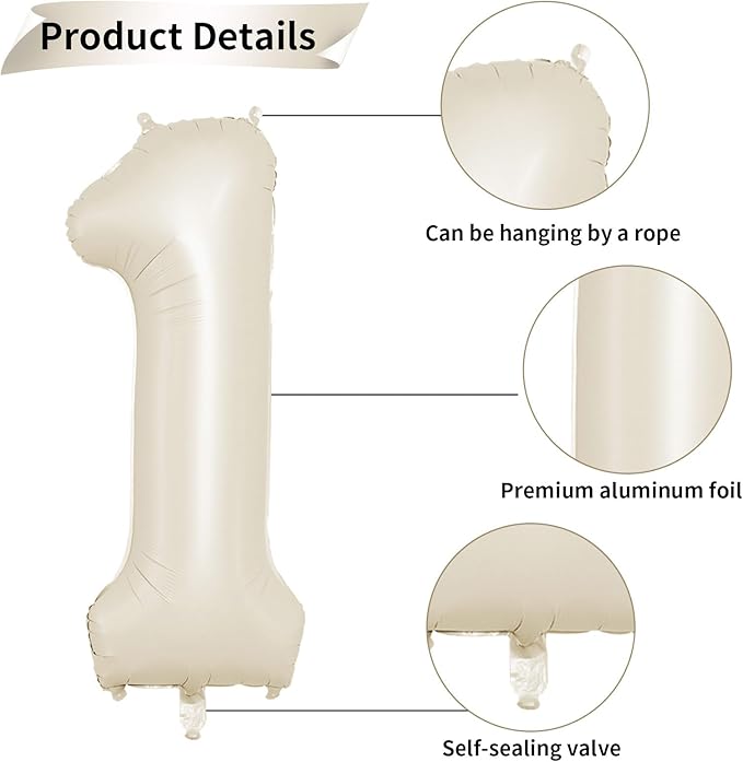 40 Inch Cream Number 1 Balloon, Beige Large 1st Birthday Balloons, Digital 1 Cream White Giant 1 Foil Balloon Helium for 1st Birthday Decorations First Year Boys Girls Baby Shower Party Supplies