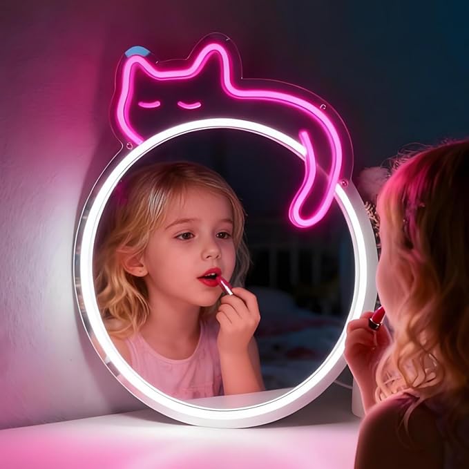 Pink Cat Neon Light Acrylic Mirror, Dimmable Circle Wall Decor with USB Power, Shatterproof Unbreakable for Girls Kids Bedroom