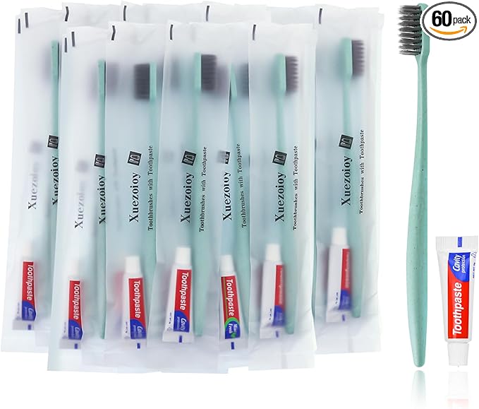 Disposable Toothbrushes with Toothpaste,60Pack Green Individually Wrapped Disposable Travel Toothbrushes Kit in Bulk for Homeless,Nursing Home,Hotel,Charity