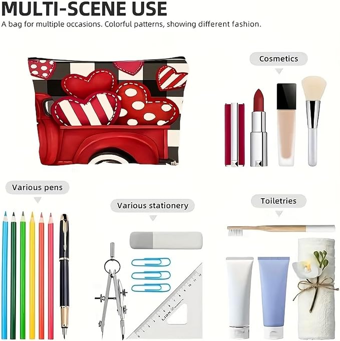 Valentine's Day Small Makeup Bag for Women Girls with Red Hearts designs Cosmetic Bag Full Cover Pretty Student Accessories Toiletry Bags Travel Pouch with Zipper for Women Friends Valentines Gift