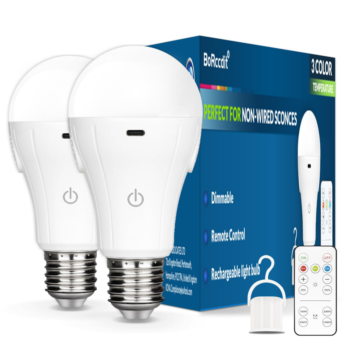 BoRccdit CordlessGlow Battery Operated Light Bulb with Remote，3 Colors + Dimmable + Touch Control Rechargeable Light Bulbs for no-Hardwired Fixture, up to 24 Hours,2Pack