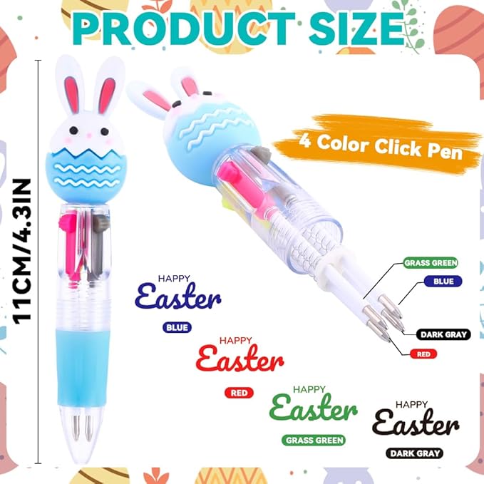 24PCS Easter Fun Pens 0.7mm Cute Bunny Egg Multicolor Ballpoint Pens Retractable 4 Colors in 1 for Easter Party Favors Basket Stuffers School Supplies Students Rewards