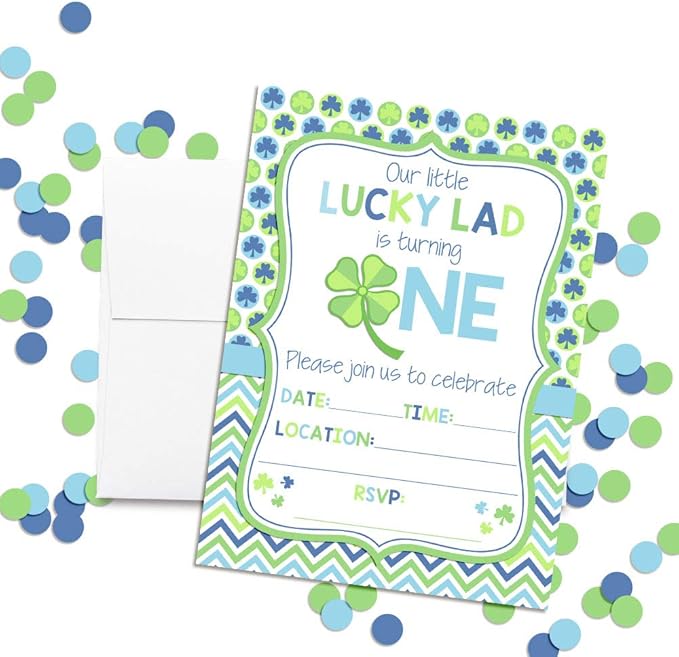 Lucky Lad First Birthday Clover St. Patrick’s Day Party Invitations for Boys, 20 5x7 Fill In Cards with Twenty White Envelopes by AmandaCreation