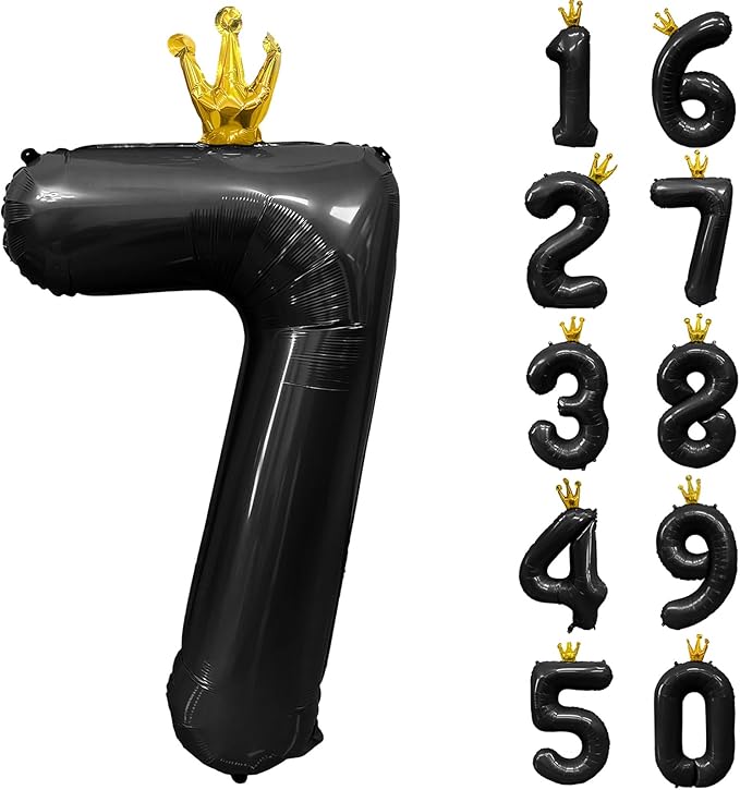 Black Number 7 Balloon with Crown, 40 inch Black Number Balloon 7th Birthday Party Decoration black Crown Balloons 0-9 for Birthday Party Anniversary Decorations Supplies