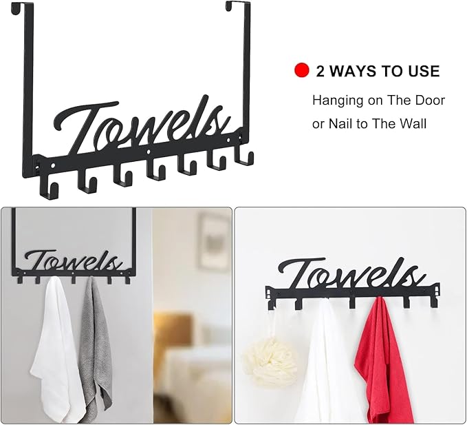 2 Pack Over The Door Hooks, Towel Rack for Bathroom Towel Holder for Hanging Heavy Duty, Over Door Towel Hanger with 14 Coat Hooks for Bedroom Bathroom Kitchen Towels, Bags, Hats - Black