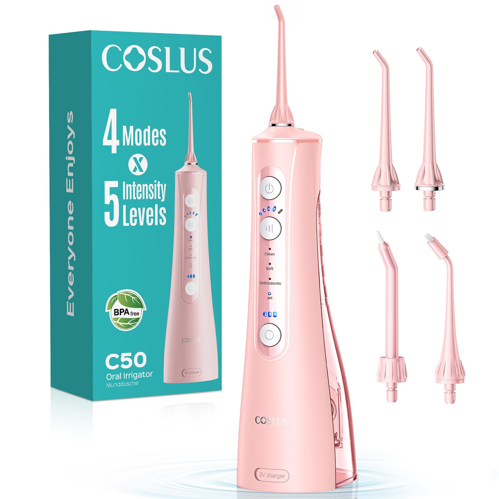 COSLUS C50 Portable Water Flosser for Teeth: 4 Modes & 5 Intensity Levels Professional Electric Dental Pick for Sensitive Gums, Braces & Orthodontic - Cordless for Travel Use, BPA-Free, ADA Accepted